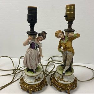 Antique Leviton Lamps Porcelain Figural Boudoir Figurine Man Woman Pair Brass